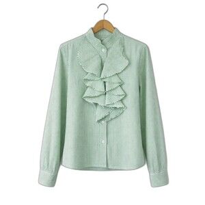 A Shirt Thing Chloe Green White Poplin Ruffle Front Long Sleeve Trendy Blouse